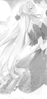 Romantic anime couple embracing under a moonlit sky in grayscale.