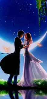 Romantic anime couple under crescent moon.