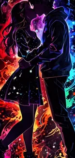 Anime couple kissing amid vibrant cosmic colors.