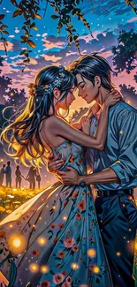 Anime couple embraces under a glowing night sky.