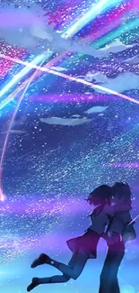 Romantic anime couple under a vibrant, starry night sky with shooting stars.