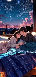 Anime couple cuddling under starry night sky.