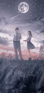 Anime couple under moonlit night sky with stars.