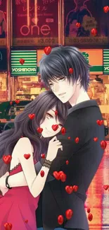 Anime couple hugging with hearts and city lights.