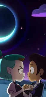 Anime couple under crescent moonlit sky wallpaper.