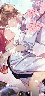 Anime characters with blossoms romantic wallpaper.