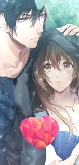 Romantic anime couple under a hooded jacket with a heart design.