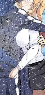 Anime couple embracing in the rain, creating a romantic scene.