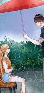 Anime couple sharing an umbrella in the rain.