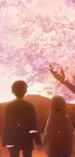 Romantic anime pair under sakura tree at sunset.