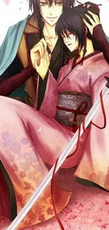 Anime couple in traditional attire with a sword on floral background.