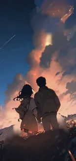 Dreamy evening sky with couple silhouette illustration on mobile wallpaper.