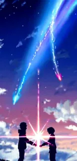 Anime couple in twilight sky with shooting stars.