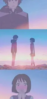 Romantic anime scene with pastel sky and characters on a mobile wallpaper.