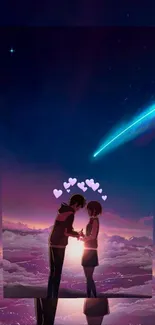 Romantic anime couple under a starlit sky with a shooting star and heart icons.