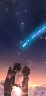 Romantic anime couple under starry sky with comet.