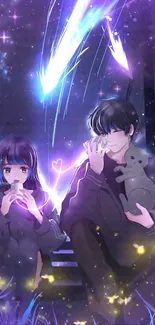 Romantic anime couple under a starry purple sky.