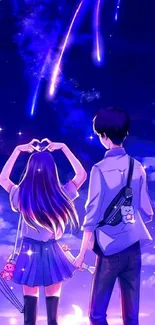 Anime couple under a starry night sky with shooting stars.