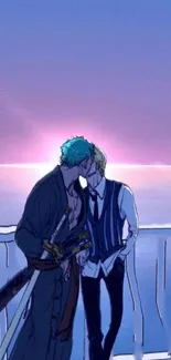 Romantic anime couple enjoys a serene sunset by the ocean.