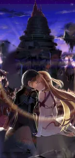 Anime sunset with couple embracing in a fantasy landscape.