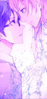 Romantic anime couple with water effects and purple hues.