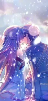 Romantic anime couple sharing a kiss in a snowy winter setting with falling snow.