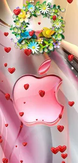 Romantic Apple logo with hearts and floral design wallpaper.