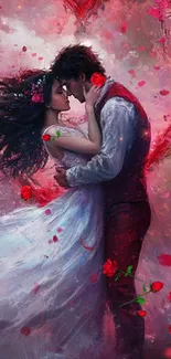 Romantic couple embraced in heart-themed art wallpaper.