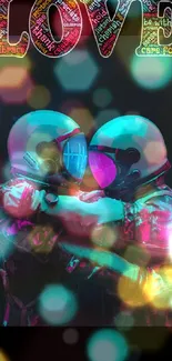 Romantic neon embrace of astronauts beneath 'LOVE' typography.