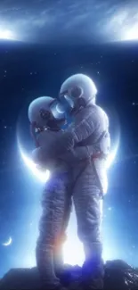 Couple of astronauts embracing under a glowing moon.