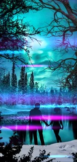 Silhouetted couple under northern lights with vibrant colors.