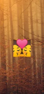 Romantic forest with heart emoji amidst autumn trees.