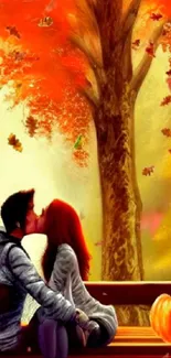 Couple kissing on a bench with autumn leaves.