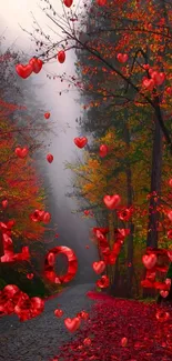 Romantic autumn path with red hearts and love text.