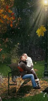 Couple embracing on a park bench under a streetlamp with autumn leaves around.