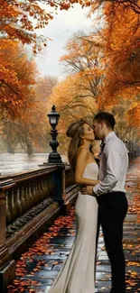 Romantic couple kisses in autumn park