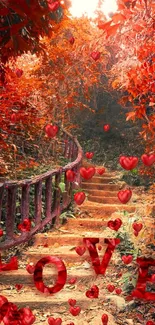 Romantic red autumn path with love hearts.