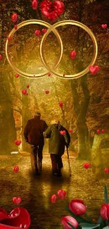 Romantic couple walking in an autumn forest with hearts and rings.