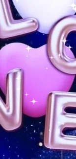 Pink and purple balloon hearts spelling LOVE on a starry background.