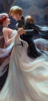 A romantic couple dances elegantly in a fantasy setting.