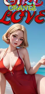 Anime girl in red swimsuit with beach background