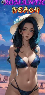 Anime character relaxing on a tropical beach at sunset.