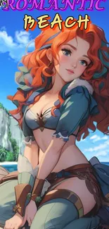 Fantasy art of a red-haired woman on a beach with a blue sky backdrop.