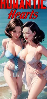 Anime beach scene with two friends in water.