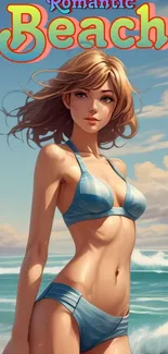 Anime girl on a romantic beach background with blue sky.