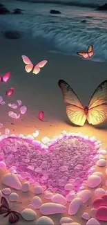 Vibrant heart, butterflies on romantic beach at night.