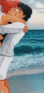 Cartoon couple embracing on a romantic beach with ocean view.