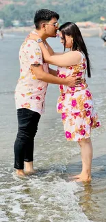 Romantic couple embracing on a sunny beach.