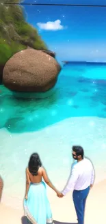 Couple holding hands on a beautiful beach with turquoise waters.