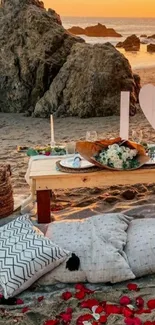 Romantic beach dinner setup with roses, candles, and sunset.